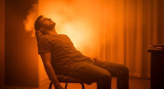 Man sits in a chair with his head tilted back, enveloped in a hazy orange glow