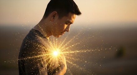 Man with radiant heart in golden light, gazing down. Warm tones, outdoor setting, sparks