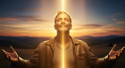 A man raises his arms as a beam of golden light descends upon him under sunset skies