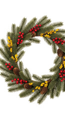 Festive holiday wreath with green needles, red berries, and pinecones