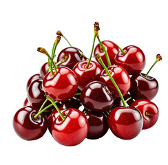 A pile of ripe cherries with green stems against a transparent background