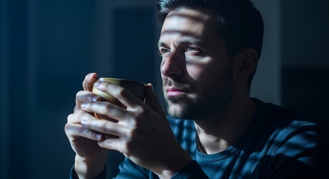 Man contemplates while holding a cup, lit by sunlight through blinds. Reflective mood