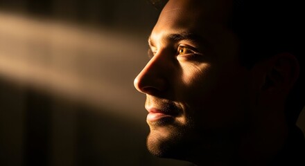 Close-up of a man's face, illuminated with warm light, gazing thoughtfully