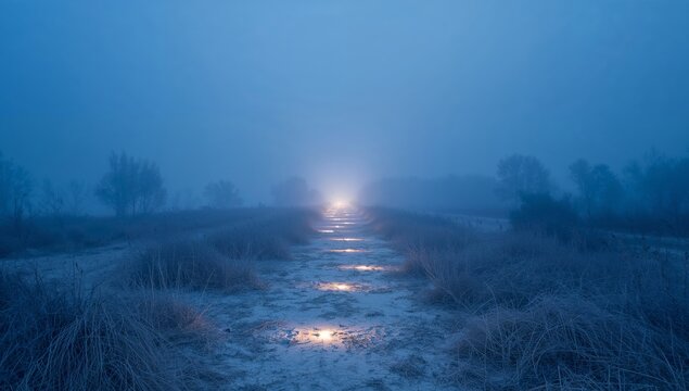 Pathway of Luminescence, A Misty Landscape with Textural Grasses and Soft Illumination.