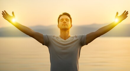 Man with arms outstretched towards the sky, with glowing light at the fingertips, at sunset