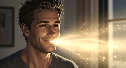 A smiling man, light emanating from his mouth, indoors, portrait, daytime, natural light