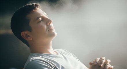 A serene man closes his eyes in sunlight, steam, and peacefulness