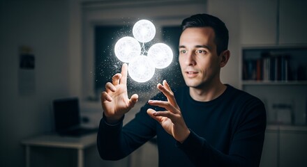 Man interacting with glowing spheres, concept of science, technology, virtual world, or visualization