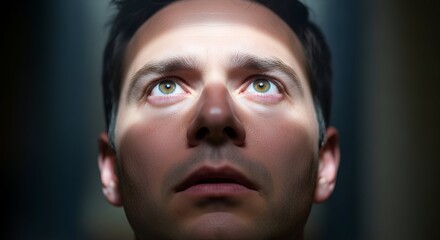 Portrait of a man gazing upwards, bathed in soft, ethereal light. Deep focus on eyes