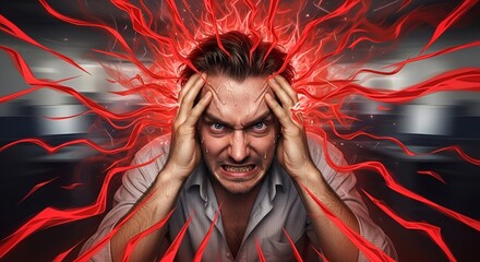 Man, stressed, holding head, surrounded by red lines in motion, showing feelings of pressure