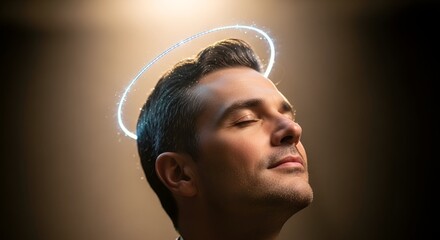 Man with closed eyes, illuminated halo above head, basking in golden light, dark background