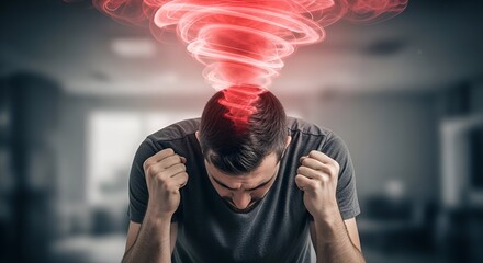 Man with head bowed, clenched fists, and a swirling red light above