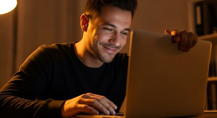 A warmly lit portrait of a smiling man engrossed, typing, and looking at a laptop computer