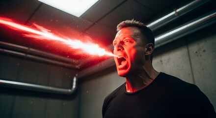 A man forcefully emits a fiery red beam from his mouth in a dimly lit, industrial-like room