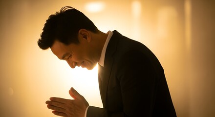 A man in a suit bows gracefully, hands clasped, lit by warm, diffused light