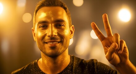 A smiling person extends two fingers upward, lit by warm lights with a blurred background