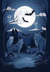 Mystical nocturnal woodland scene featuring wolves owls and bats at night
