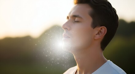 A man exhales a light with his eyes closed and against a blurred, golden sunset background