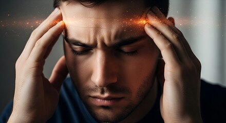 Close-up of a man holding his head in pain with glowing lines indicating stress