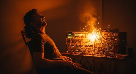 Man reacts to machine explosion, sparks, cables, and smoke filling dark room