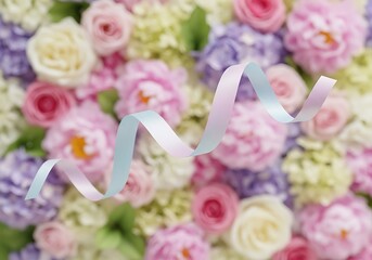 Pastel floral arrangement with a swirling ribbon centerpiece design