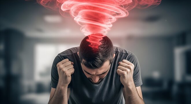 Man with head bowed, clenched fists, and a swirling red light above - Powered by Adobe