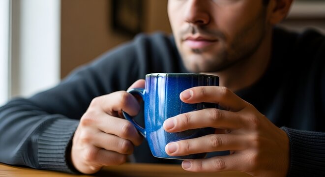 A man is holding a blue mug, with a thoughtful expression. He is indoors, near a window - Powered by Adobe