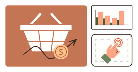 Shopping basket with upward graph and coin, bar chart analytics, and click action symbolizing e-commerce, business growth, digital marketing, user engagement, data insights, online sales in simple