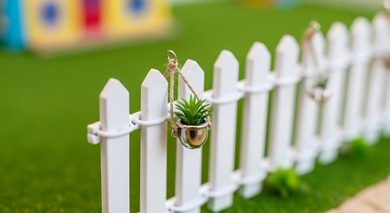 Miniature white picket fence with potted plants, rustic charm decor