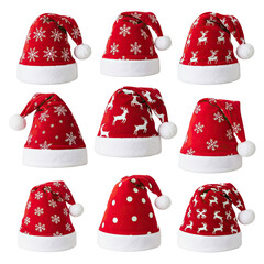 Nine festive red Santa hats with white trim and various holiday designs