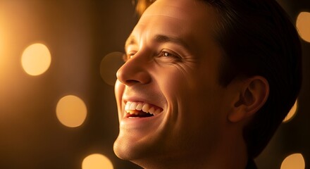 A close-up shot of a smiling man with a warm and genuine expression, lit by soft bokeh lights