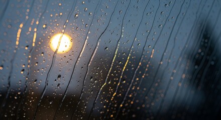 Raindrops on a window, with a blurred light source visible in the background against a dark sky
