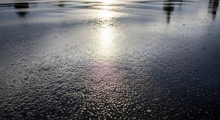 Close-up of wet surface reflecting sunlight, creating a textured and glowing effect