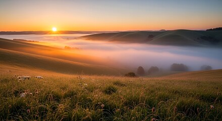 Rolling green hills blanketed in morning mist, as the sun casts a golden glow over the tranquil landscape