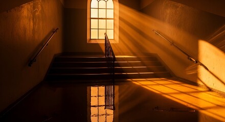 Sunlit interior view of stairs ascending towards a stained glass window, illuminated