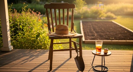 Wooden chair with hat, next to a small table with a drink and a small cake outdoors