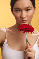 Asian woman holds a vibrant red flower near her face against a warm yellow backdrop, conveying...