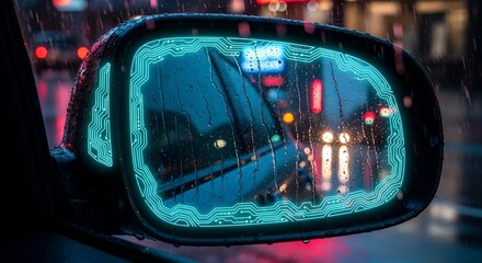Car side mirror reflecting a rainy cityscape with neon circuit board overlay