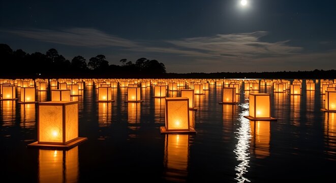 Illuminated paper lanterns afloat on water at night, with a full moon overhead, creating a magical scene