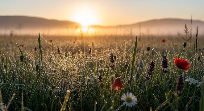 Sunrise over meadow with wildflowers, dew-covered spiderwebs, and mountains in the distance - Powered by Adobe