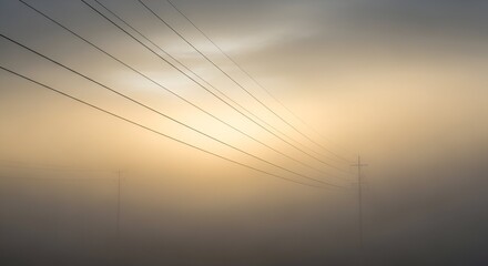 Stark image of electrical lines disappear into a misty, golden sunset. Wires and poles