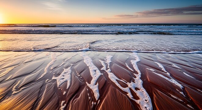 A scenic coastal view captured during sunrise, featuring wet sand, waves, and the ocean