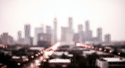 Rainy cityscape, blurred lights, obscured skyscrapers under overcast sky