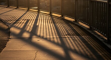 A bridge's metallic railing casts long, parallel shadows on the sunlit concrete, golden light