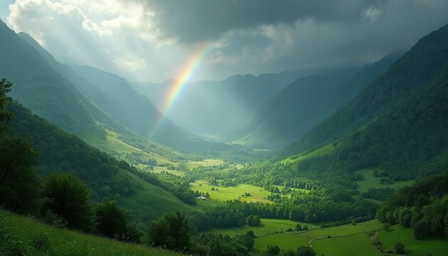 Sun rays shine through clouds over green valley after rain. Rainbow arcs across landscape. Rich forest covers steep mountainsides. Rural scene unfolds below.