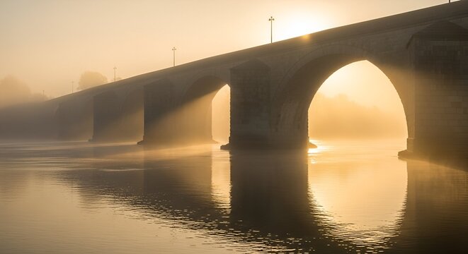 Stone bridge over calm water at sunrise, surrounded by mist, creating a soft, warm glow