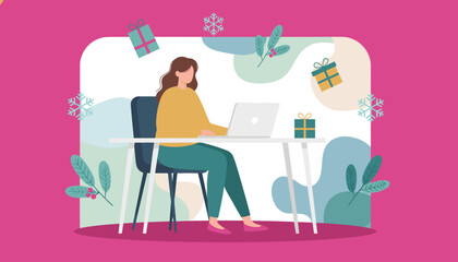 Woman uses laptop for remote work or holiday shopping surrounded by gifts and snowflakes