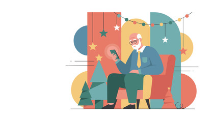 Elderly man uses phone in festive setting Holiday celebration connection and digital access