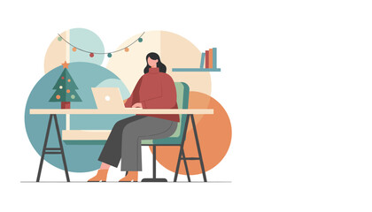 Remote work during the holidays Woman using laptop at a festive desk with Christmas tree