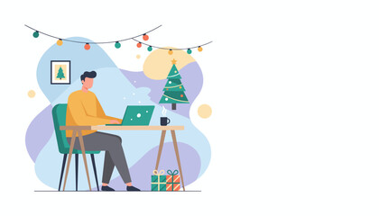 Remote worker busy typing on a laptop in a festive home office setting